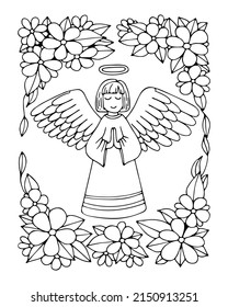 Angel coloring page. Prayer for peace in heavenly heaven. Holy Guardian Angel. Hand drawn vector line drawing. Coloring book for children and adults. Black and white sketch.