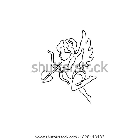 Angel, continuous line drawing, small tattoo, print for clothes, t-shirt, emblem or logo design, Valentine's Day, greeting card, hand drawn vector illustration. Continuous line drawing.