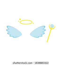Angel costume with wings, halo, staff attributes isolated on white background. Cute angelic feather wings and gold nimbus, stick photo props set. Flat design cartoon suit vector illustration.