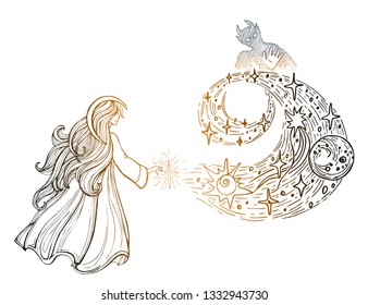 Angel, creating stars and the universe, and dark horned creature protected from the candlelight. Hand drawn illustration. Eps-8 vector