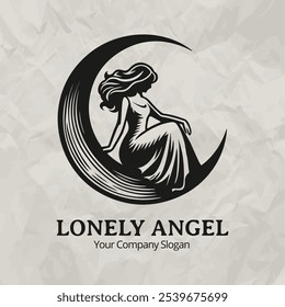 Logotipo del ángel y de la luna creciente en estilo retro. un ángel misterioso que se sienta en una luna creciente