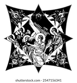 Angel. Cross dome with 4 apostles, angels and seraphim. Ink illustration black and white in Byzantine style isolated