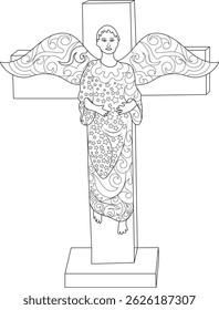 Angel and Cross Line Art Drawing, Black and white outline illustration of an angel standing in front of a cross. Features decorative wings and a robe adorned with stars. Ideal for religious themes,