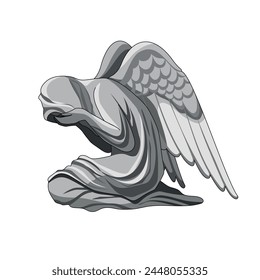 An angel is crying for a dead man. A marble statue of a grieving angel. Vector illustration of a tombstone monument. An angel with wings in a cloak. A three-dimensional picture.
