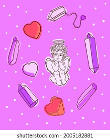 Ángel y cristales. ilustración vectorial
