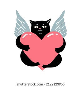 Angel Cupid black cat with heart