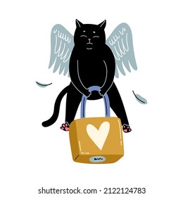 Angel Cupid black cat with lock