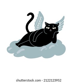 Angel Cupid black cat on the cloud