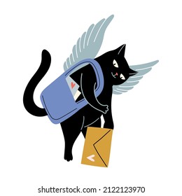 Angel Cupid black cat postman with love letter