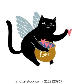 Angel Cupid black cat with pot of hearts