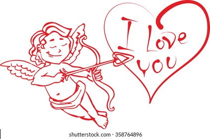 Angel Cupid with a bow and arrow shot in the heart that says I love you. The red outline in the vector to Valentine's day