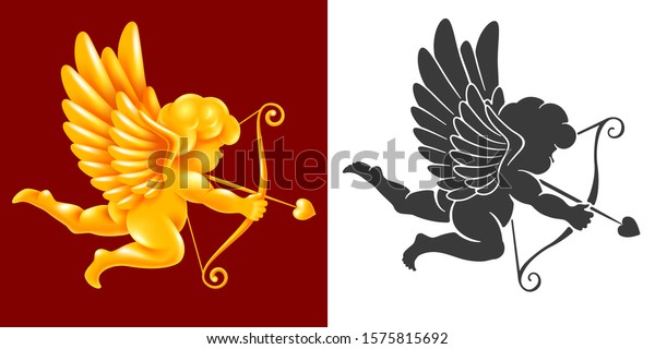 Angel or Cupid cherub, god of love, with a
wings, bow and arrow. Monochrome black silhouette and volumetric
golden figure in the set. Amur aiming in hearts of lovers. Vector
illustration.