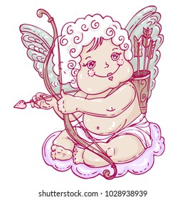 Angel or cupid in hand drawn style.The angel sits on a cloud with an arrow and onion in the hands. Vector template for stickers, wedding invitation,card, background.