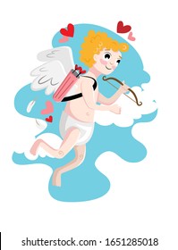 Angel cupid happy flying in the sky with clouds and hearts around 