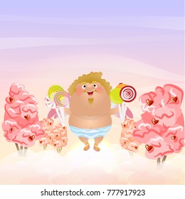 Angel or Cupid holds many colored lollipop and candies on sticks. Cute vector character. Postcards on day of St. Valentine. Clouds, sky, pink trees with berries hearts. Dawn.