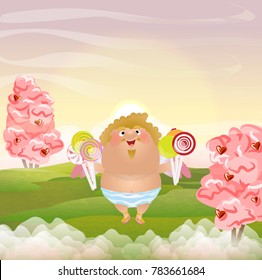 Angel or Cupid holds many colored lollipop and candies on sticks. Postcards on day of St. Valentine.  Green meadow. Clouds, sky, pink trees with berries hearts 