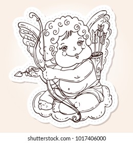 
Angel or cupid for holidays Valentine's Day in hand drawn style.The angel sits on a cloud with an arrow and onion in the hands. Vector template for stickers, wedding invitation,card, background.