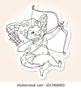 Angel or cupid for holidays Valentine's Day in hand drawn style. Angel sitting on a cloud and takes aim at a target with an arrow. Vector template for stickers, wedding invitation,card, background.