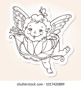 

Angel or cupid for holidays Valentine's Day in hand drawn style. Angel with a butterfly on a cloud with arrows and a bow. Vector template for stickers, wedding invitation,card, background.