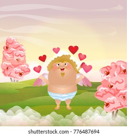 Angel or Cupid juggles with hearts. Cute vector character. Postcards on day of St. Valentine.  Green meadow. Clouds, sky, pink trees with berries hearts