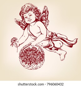 angel or cupid, little baby fly and gives flowers roses greeting card hand drawn vector illustration realistic sketch