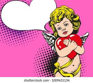 angel or cupid, little baby holds a heart, Valentines day, love, greeting card hand drawn vector illustration pop art retro comic style