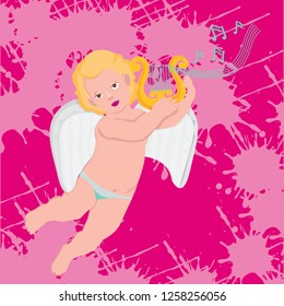 Angel or cupid, little baby, holds mandolin, greeting card valentine day
