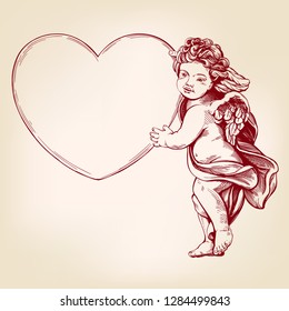 angel or cupid, little baby holds a heart, Valentines day, love, greeting card hand drawn vector illustration realistic sketch