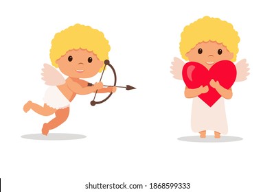 angel or cupid, little baby holds a heart, Valentines day, love, greeting card hand drawn vector illustration pop retro comic style