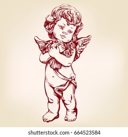 angel or cupid, little baby holds a bouquet of flowers, greeting card hand drawn vector illustration realistic sketch