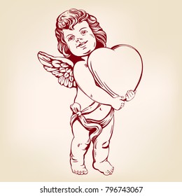 angel or cupid, little baby holds a heart, Valentines day, love, greeting card hand drawn vector illustration realistic sketch