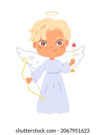 Angel cupid little boy vector illustration. Cartoon funny cherub or cute eros child character holding bow and arrow with heart in hand for shooting, Happy Valentine day concept isolated on white