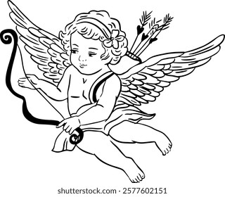 Angel Cupid Shoots A Bow Drawing Linear Valentine's Day