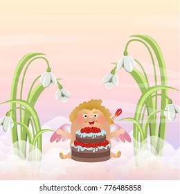 Angel or cupid sits in front of a large cake with cream and strawberries. Cute vector character. Postcards on the day of St. Valentine. Clouds, sky, dawn, large white flowers snowdrops