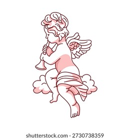 Angel Cupid se senta em uma nuvem e toca flauta. Elemento para o Dia dos Namorados.