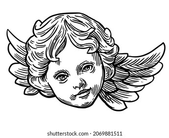 angel cupid with wings black and white vector line engraving vintage