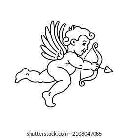Angel Cupid with a wings, bow and arrow. Amur, God of love. Vector outline illustration. Black color thin linear icon
