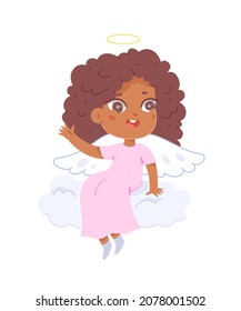 Angel cute baby sitting on sky cloud vector illustration. Cartoon little girl cherub character flying in heaven, angel kid wearing holy christian guardian costume with fairy wings isolated on white