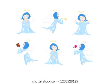 Angel, cute cartoon characters collection, posture and action, Christmas and new year blessing concepts, vector