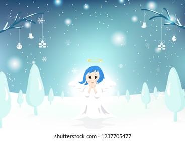 Angel, cute character, Merry Christmas, greeting card, snow falling fantasy winter poster, background holiday vector illustration