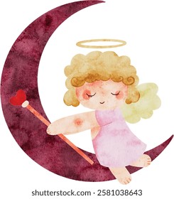 Angel with a cute wand and moon. Valentine's day greetings.