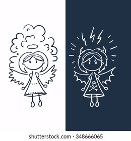 Angel and daemon as an embodiment of good and evil. Vector hand drawn illustration. 
