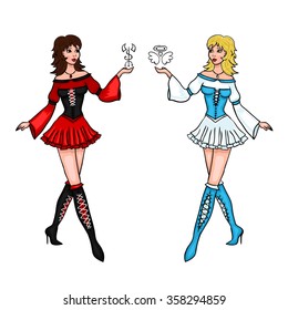 Angel and daemon - two girls. Vector illustration with women - symbols of good and evil.