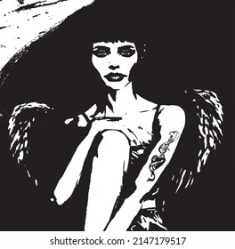 Angel of the Damned  Stylized black and white vector art