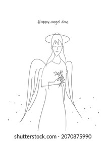 Angel day card, print or poster. Pretty Woman  made in sketch retro style. Young woman with  Angel wings and flower in her hand. Thin line sketch.  Vector illustration.