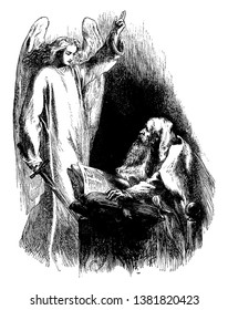 The Angel of Death appears in front of an old man and telling him that his death has come, vintage line drawing or engraving illustration.