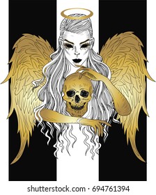Angel of Death - Black and white tattoo sketch with golden  elements