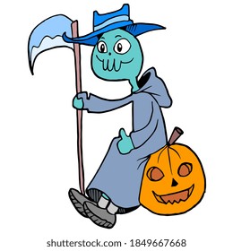 angel of death celebrating halloween. cartoon illustration sticker mascot emoticon