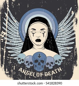 Angel of death. Colorful vector illustration of blind nun with human skull blood and cross made in hand drawn line realistic style. Template for card poster banner print for t-shirt