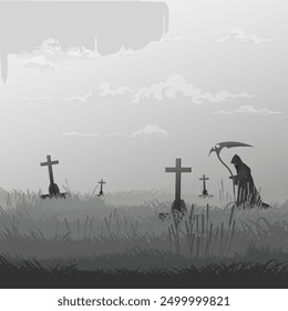 Angel of Death in graveyard in foggy day monochromatic minimalism landscape graphic illustration have blank space.